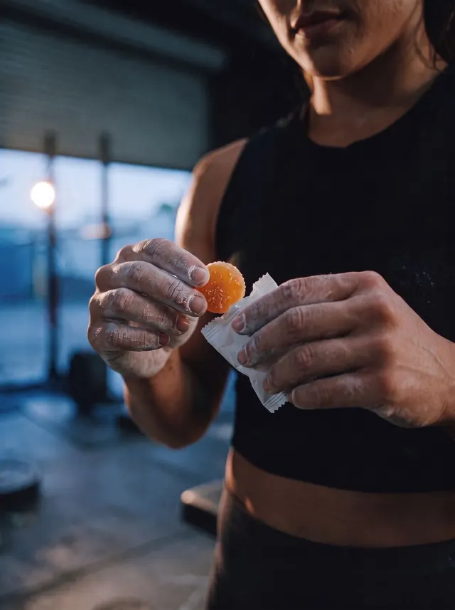 Chalked hands opening an individually wrapped preworkout gummy